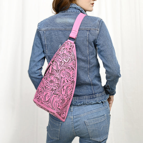 ADBG1443 American Darling Pink Hand Tooled Leather Sling Bag Western Floral Carved Crossbody