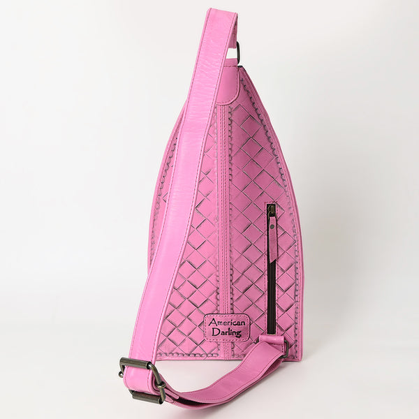 ADBG1443 American Darling Pink Hand Tooled Leather Sling Bag Western Floral Carved Crossbody