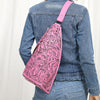 ADBG1443 American Darling Pink Hand Tooled Leather Sling Bag Western Floral Carved Crossbody
