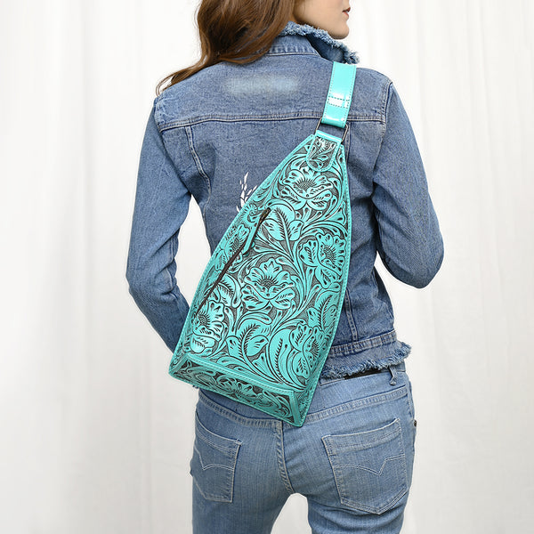 ADBG1443 American Darling Hand-Tooled Western Leather Sling Bag | Genuine Leather Floral Carved Crossbody