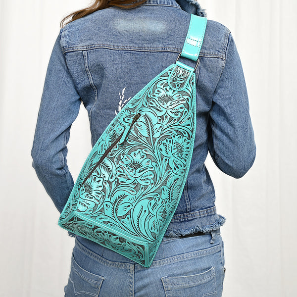 ADBG1443 American Darling Hand-Tooled Western Leather Sling Bag | Genuine Leather Floral Carved Crossbody