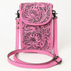 ADBG1448 American Darling Pink Western Leather Cell Phone Holder Hand-Tooled Floral Genuine Leather Crossbody