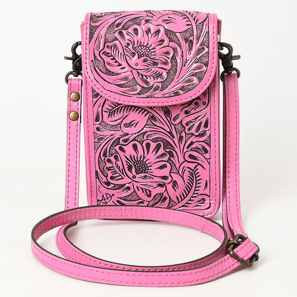 ADBG1448 American Darling Pink Western Leather Cell Phone Holder Hand-Tooled Floral Genuine Leather Crossbody