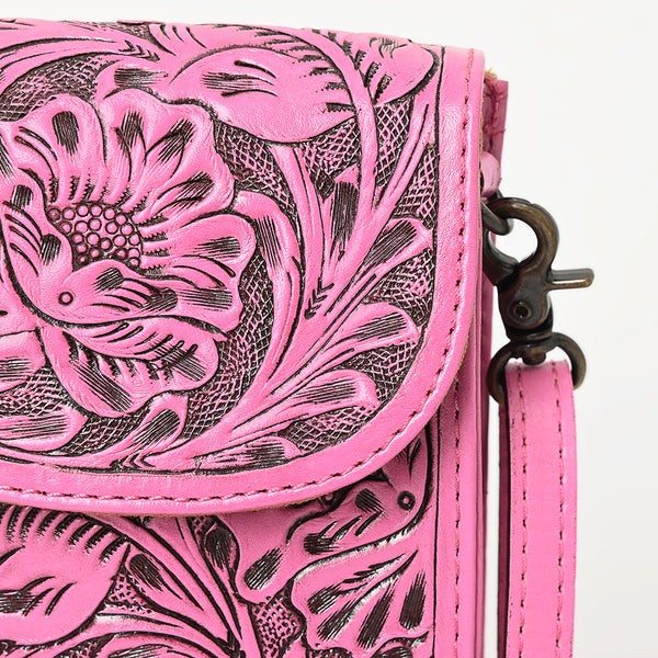 ADBG1448 American Darling Pink Western Leather Cell Phone Holder Hand-Tooled Floral Genuine Leather Crossbody