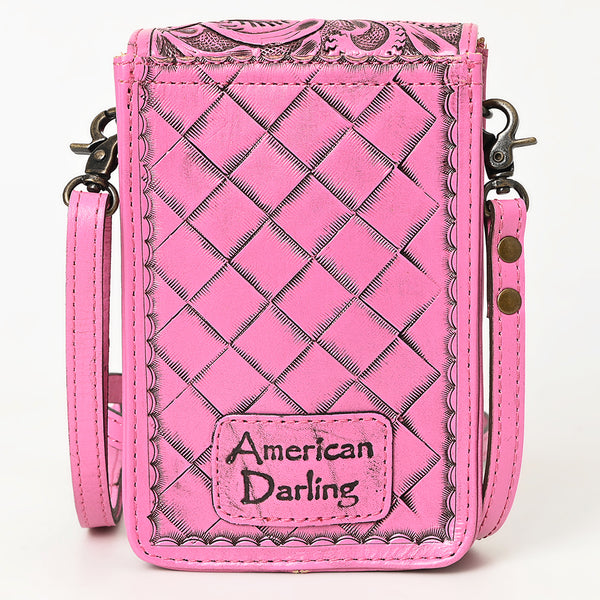 ADBG1448 American Darling Pink Western Leather Cell Phone Holder Hand-Tooled Floral Genuine Leather Crossbody