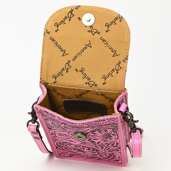 ADBG1448 American Darling Pink Western Leather Cell Phone Holder Hand-Tooled Floral Genuine Leather Crossbody