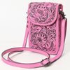 ADBG1448 American Darling Pink Western Leather Cell Phone Holder Hand-Tooled Floral Genuine Leather Crossbody