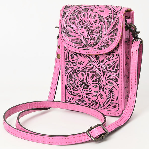 ADBG1448 American Darling Pink Western Leather Cell Phone Holder Hand-Tooled Floral Genuine Leather Crossbody