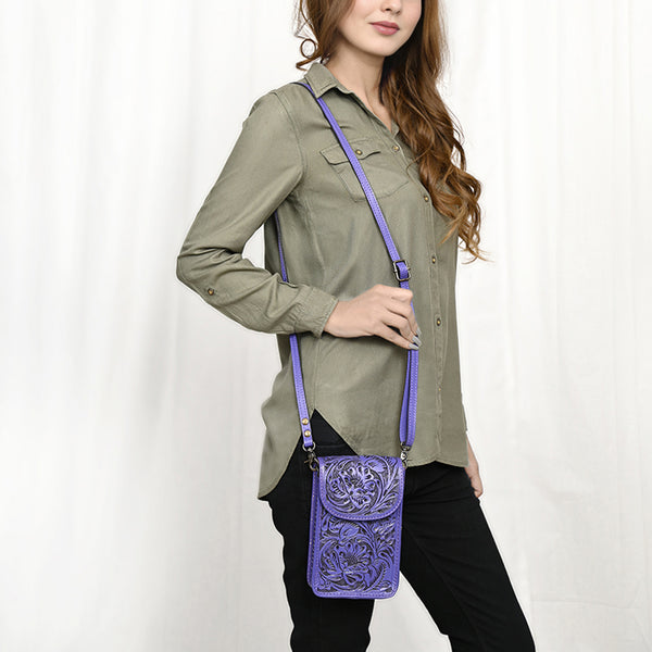 ADBG1448 American Darling Hand Tooled Leather Cell Phone Holder Western Crossbody