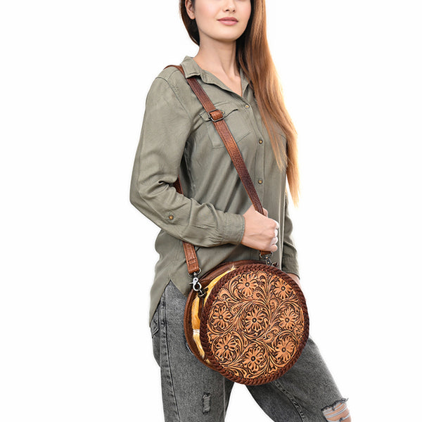 ADBG1449 American Darling Hand Tooled Western Leather Canteen Bag Genuine Leather Floral Carved Crossbody