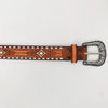 ADBLF247 Geometric Tooled Leather Western Belt with Whipstitch Edge and Engraved Buckle