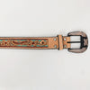 ADBLF248 Mint Green Floral Tooled Leather Belt with Decorative Silver Buckle