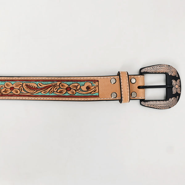 ADBLF248 Mint Green Floral Tooled Leather Belt with Decorative Silver Buckle