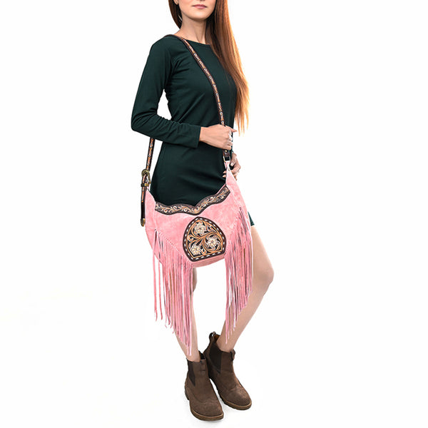 ADBGA419 American Darling Genuine Leather Fringed Crossbody Bag Hand Tooled Floral Carved