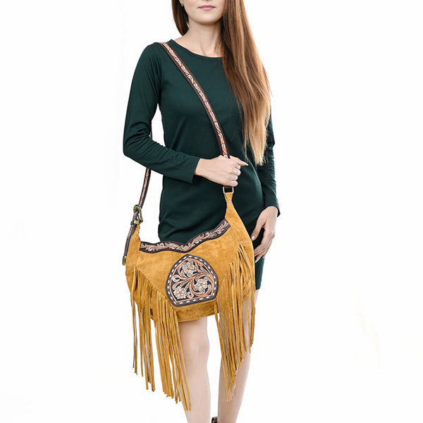 ADBGA419 American Darling Genuine Leather Fringed Crossbody Bag Hand Tooled Floral Carved