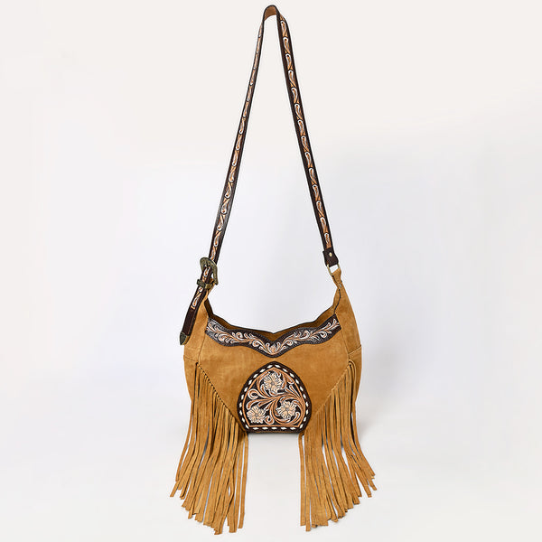 ADBGA419 American Darling Genuine Leather Fringed Crossbody Bag Hand Tooled Floral Carved