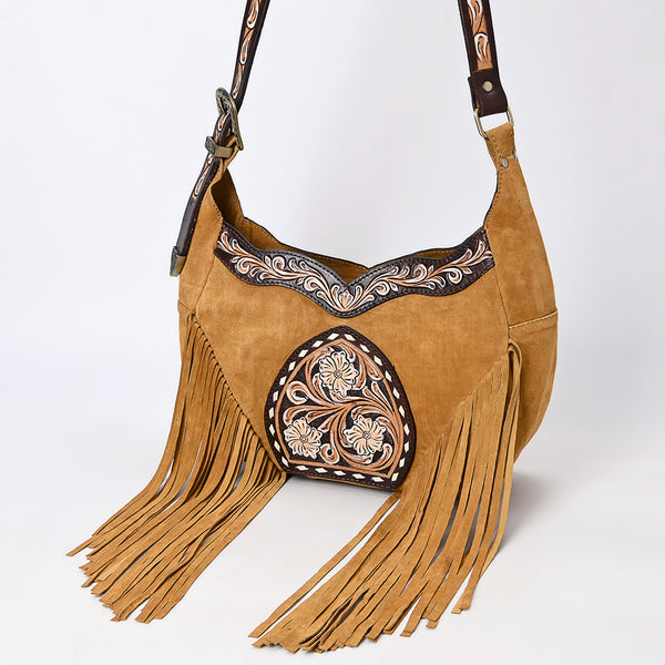 ADBGA419 American Darling Genuine Leather Fringed Crossbody Bag Hand Tooled Floral Carved