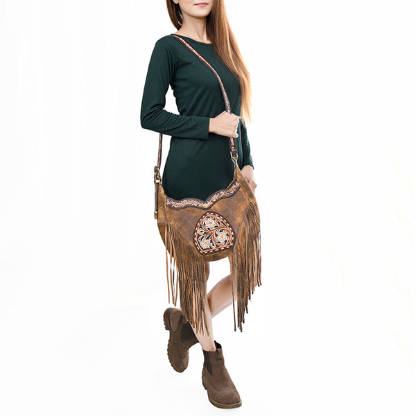 ADBGA419 American Darling Genuine Leather Fringed Crossbody Bag Hand Tooled Floral Carved