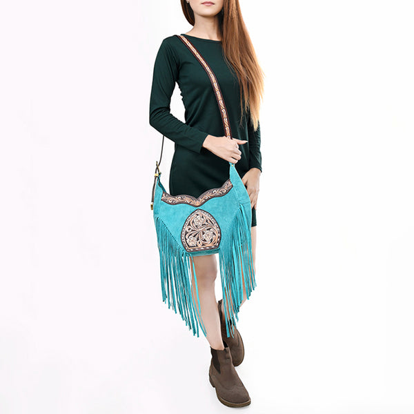 ADBGA419 American Darling Genuine Leather Fringed Crossbody Bag Hand Tooled Floral Carved