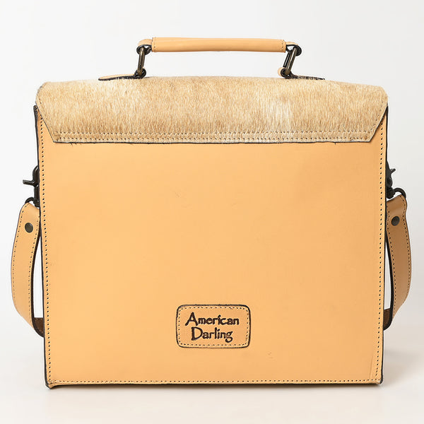 ADBGZ827 Cowhide & Hand-Tooled Leather Western Briefcase Bag - Natural Hair-On with Floral Accents
