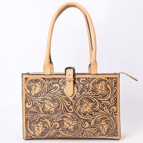 LC-ADBGZ828 Structured Hand-Tooled Leather Box Tote Western Floral Design with Buckle Accent