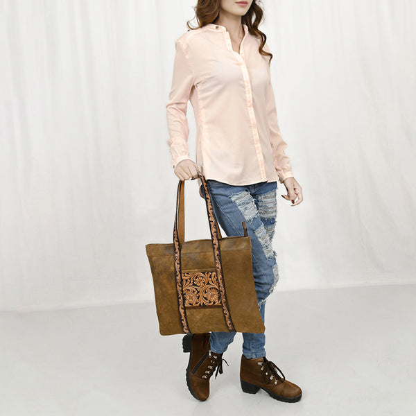 ADBGA479 American Darling Genuine Suede Leather Hand Tooled Floral Carved Tote Bag Western Purse