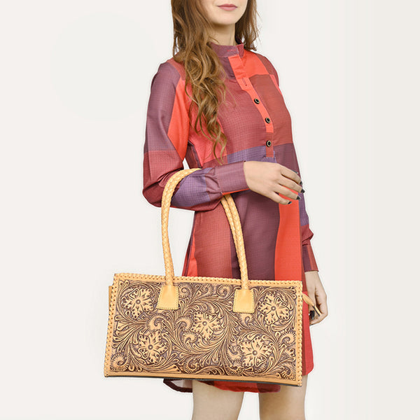 ADBGZ833 Hand-Tooled Leather Western Handbag - Floral Design with Braided Handles