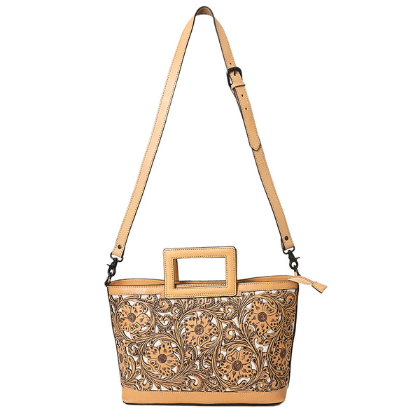ADBGZ835 Hand-Tooled Leather Western Tote Handbag - Square Handle Design
