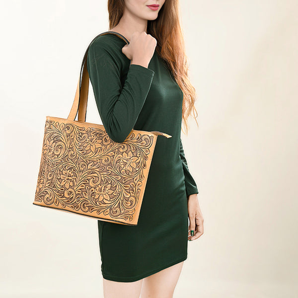 ADBGZ837 Hand-Tooled Leather Tote Bag - Western Floral Statement