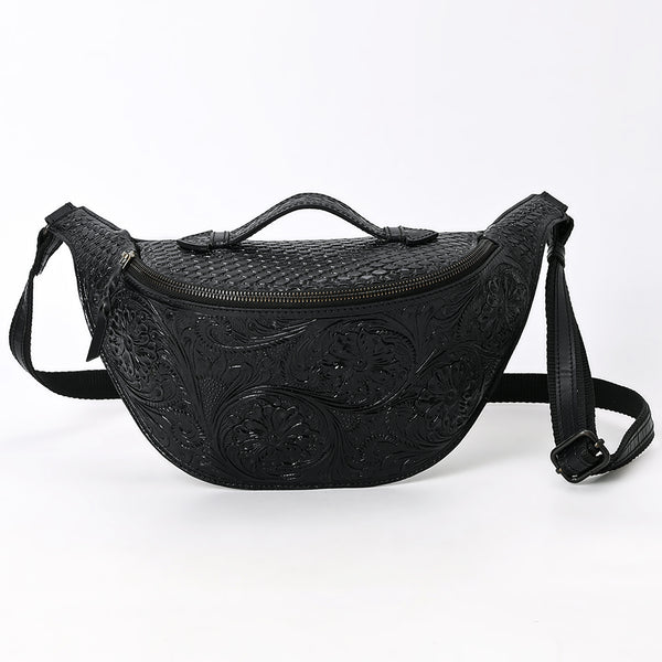 ADBGZ829B Black Hand-Tooled Leather Western Belt Bag Floral Fanny Pack with Basketweave Top