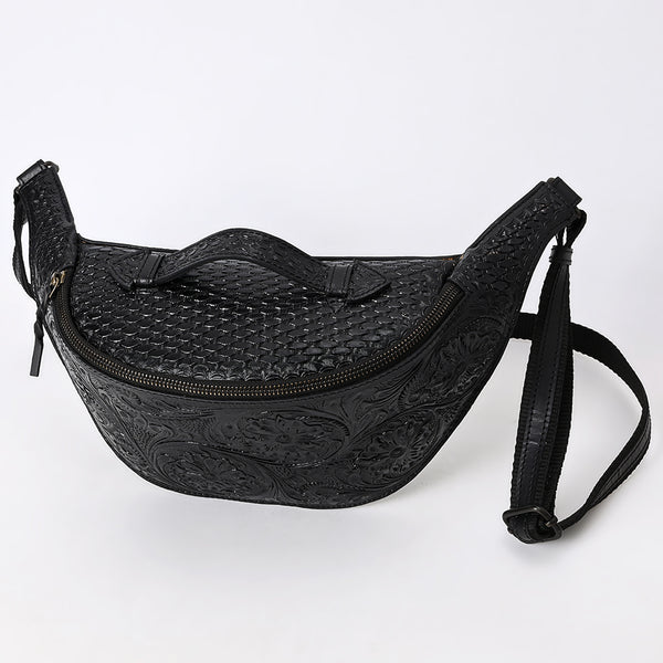 ADBGZ829B Black Hand-Tooled Leather Western Belt Bag Floral Fanny Pack with Basketweave Top