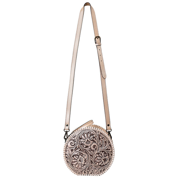 ADBGZ830 Round Hand-Tooled Leather Canteen Bag - Western Floral Circle Purse