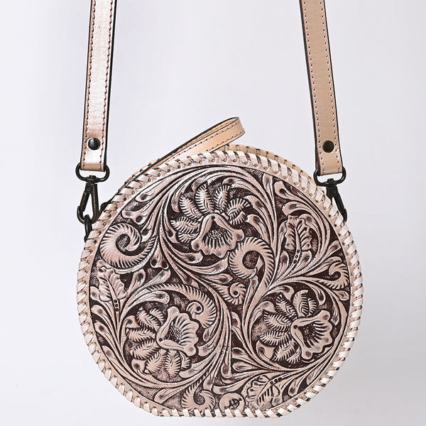 ADBGZ830 Round Hand-Tooled Leather Canteen Bag - Western Floral Circle Purse