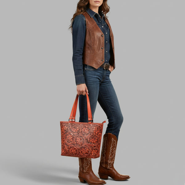 ADBGZ832 Red Hand-Tooled Leather Western Tote Bag Floral Shoulder Carryall