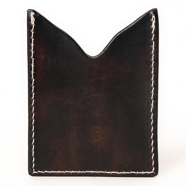 ADCCF111 Hand-Tooled Leather Card Holder - Floral Scroll with Turquoise Accents