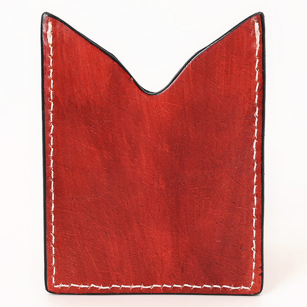 ADCCF113 Hand-Tooled Leather Card Holder - Red Stained Western Boot-Top Floral Design