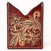 ADCCF114 Turquoise Studded Floral Leather Card Holder - Hand-Tooled Western Boot-Top Design