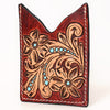 ADCCF114 Turquoise Studded Floral Leather Card Holder - Hand-Tooled Western Boot-Top Design