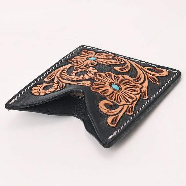 ADCCF115 Black Leather Western Card Holder - Hand-Tooled Floral Design with Turquoise Accents