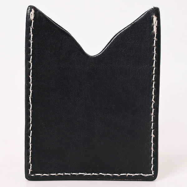 ADCCF115 Black Leather Western Card Holder - Hand-Tooled Floral Design with Turquoise Accents
