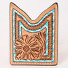 ADCCF116 Turquoise Border Hand-Tooled Leather Card Holder - Geometric & Floral Western Boot-Top Design