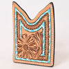 ADCCF116 Turquoise Border Hand-Tooled Leather Card Holder - Geometric & Floral Western Boot-Top Design