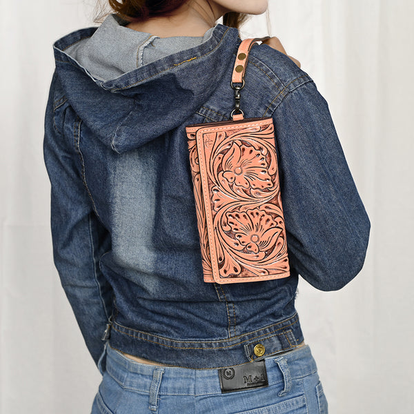 ADBG1132 American Darling Hand Tooled Floral Leather Clutch & Crossbody Wallet