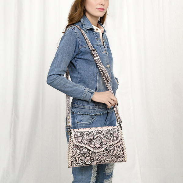 ADBG1137 American Darling Hand Tooled Floral Leather Clutch & Crossbody Purse