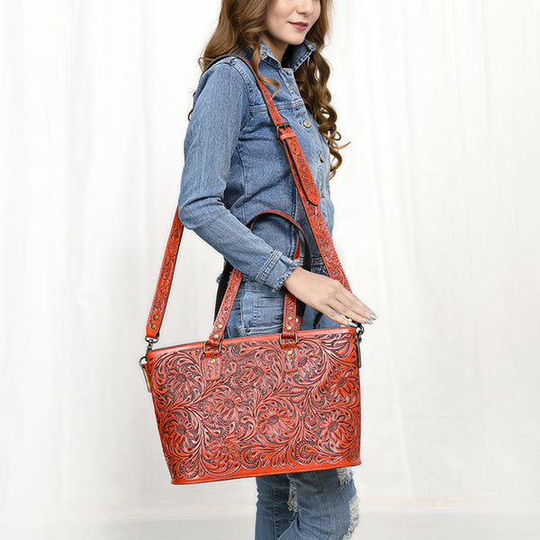 ADBG1141 American Darling Hand Tooled Leather Tote -Western Floral Carved Purse