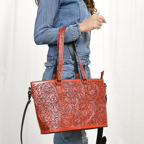 ADBG1141 American Darling Hand Tooled Leather Tote -Western Floral Carved Purse