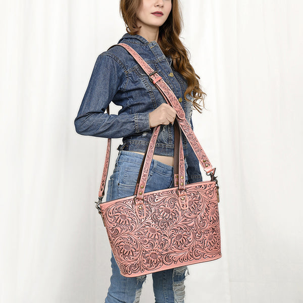 ADBG1141 American Darling Hand Tooled Leather Tote -Western Floral Carved Purse