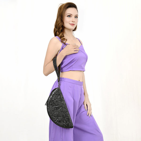 ADBG1233 American Darling Hand-Tooled Western Leather Taco Bag - Genuine Floral Carved Designer Wristlet