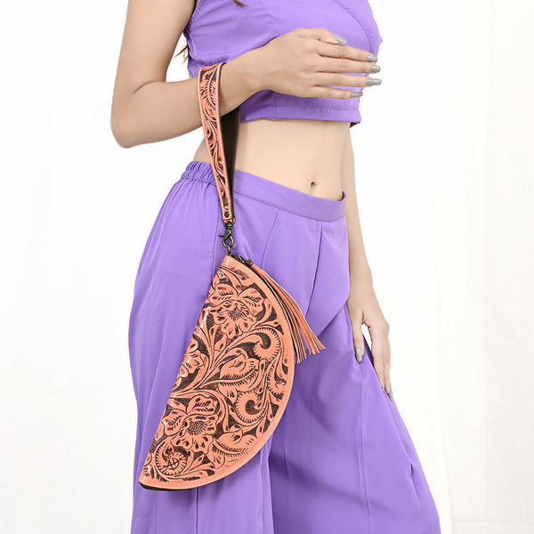 ADBG1233 American Darling Hand-Tooled Western Leather Taco Bag - Genuine Floral Carved Designer Wristlet