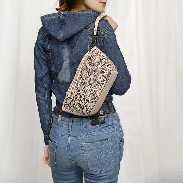 ADBG1234 American Darling Hand-Tooled Western Leather Wristlet Bag - Genuine Floral Carved Women Clutch